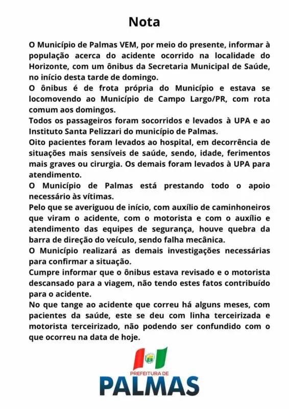 Dezenove pessoas ficam feridas em acidente envolvendo ônibus da saúde na PRC-280 3 Em nota, a prefeitura de Palmas diz que está prestando assistência a todas as vítimas