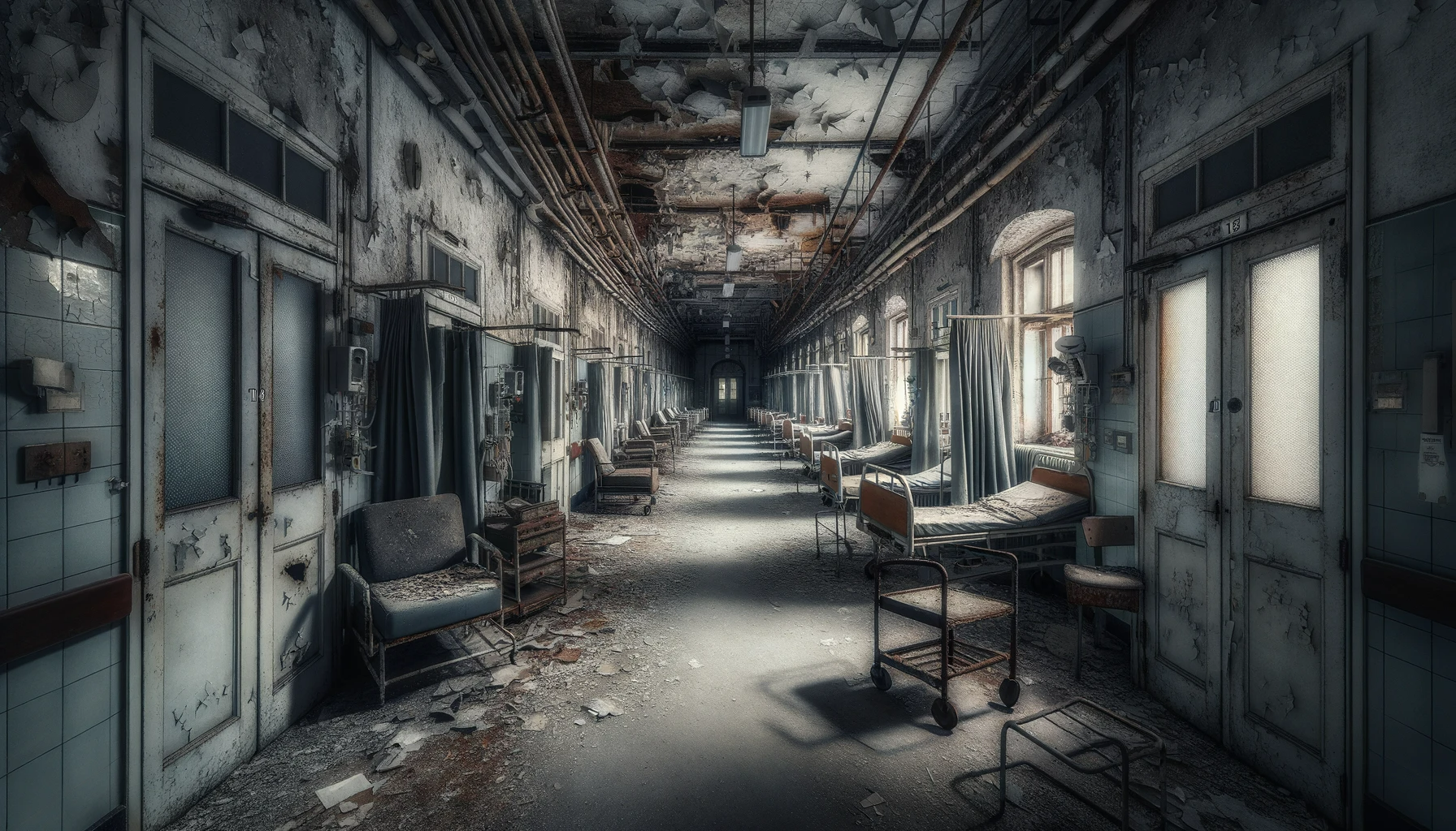 DALL·E 2024 01 25 10.47.21 An abandoned hospital ward depicting a haunting and deserted atmosphere. The image shows a long empty corridor with doors ajar leading to forsaken