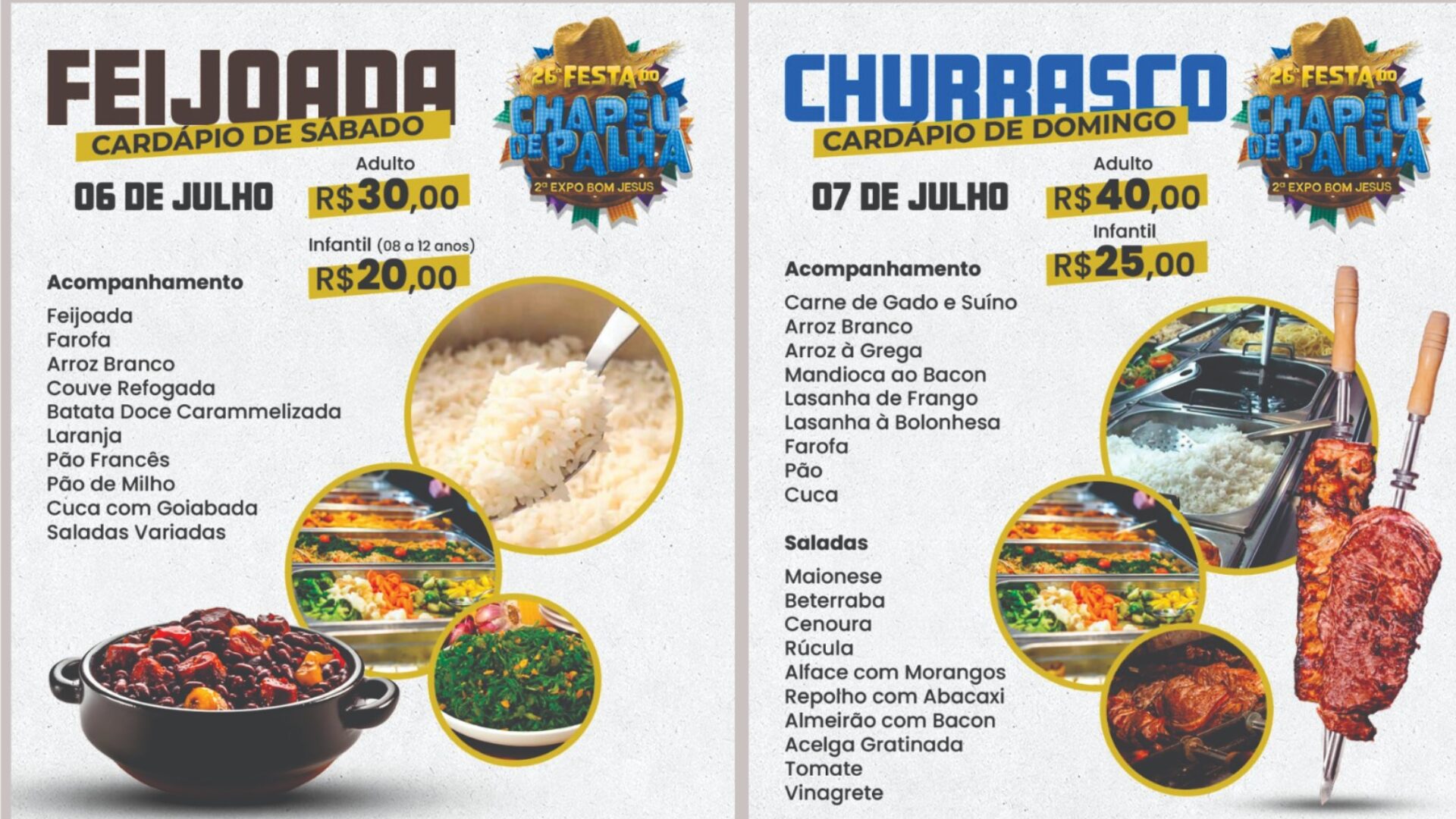 Feijoada e churrasco acontecerão na Festa do Chapéu de Palha e Expo Bom Jesus