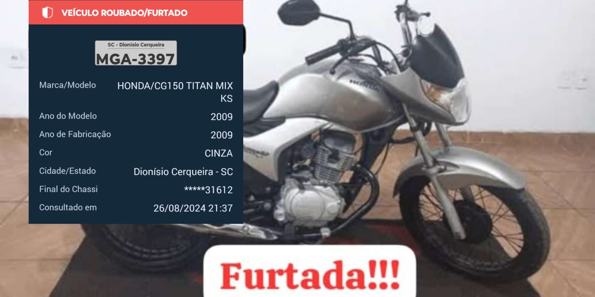 Furto de motocicleta é registrado no Bairro Cohab, em Dionísio Cerqueira