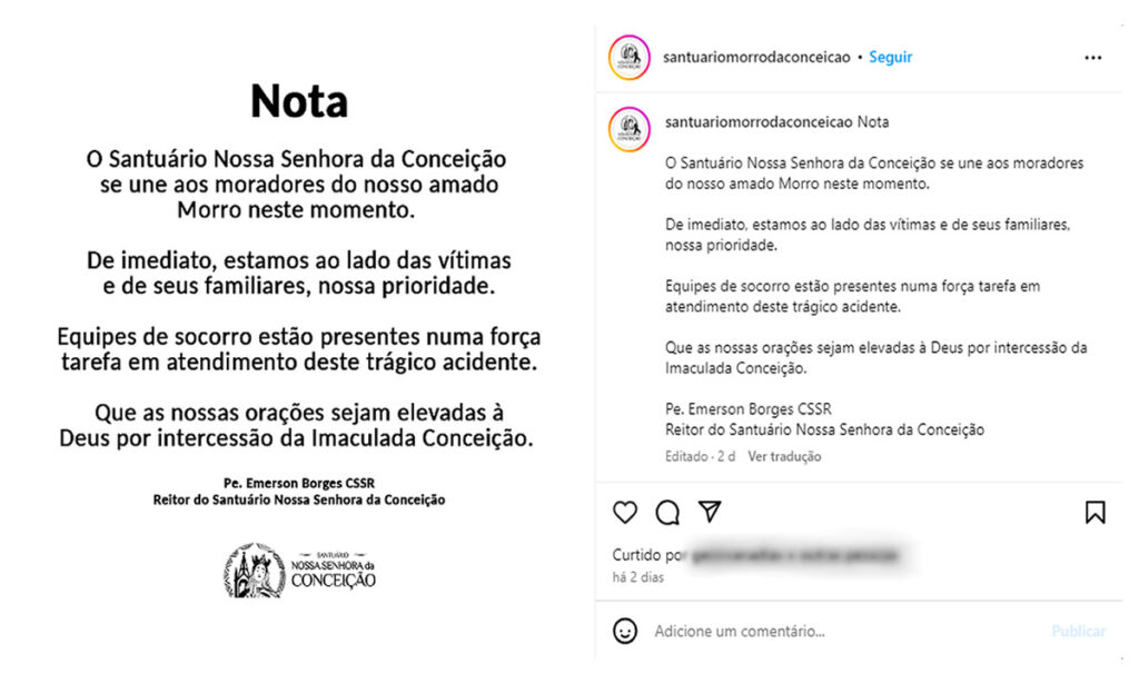 Ao menos 25 pessoas ficaram feridas no desabamento do teto do Santuário de Nossa Senhora da Conceição, na Zona Norte da cidade