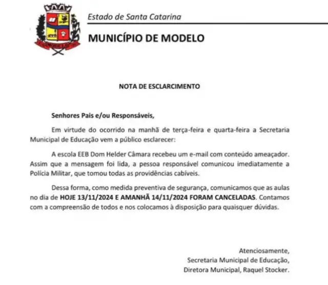 Aulas são canceladas em Modelo após escola receber e-mail com ameaças 2 Aulas foram canceladas nesta quarta e quinta-feira. Órgãos de segurança tomaram as providências necessárias após escola receber e-mail com ameaças