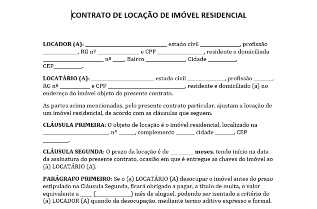 Modelo de contrato de aluguel simples em Word para preencher