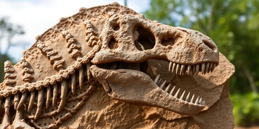 Fóssil de dinossauro em fundo natural.
