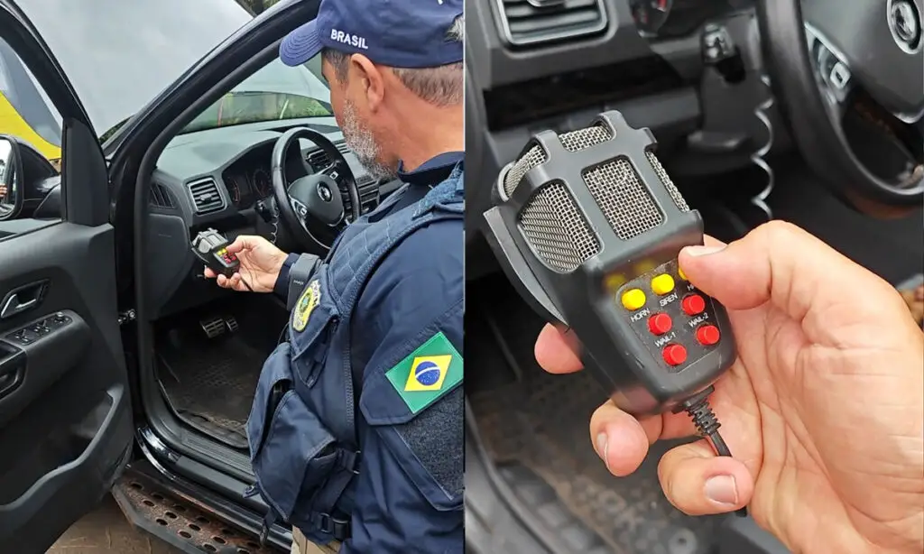 Caminhonete argentina com 5 ocupantes é flagrada com sirene de veículo de emergência 2 A caminhonete foi abordada na BR 282, em Xanxerê. Nenhum dos cinco ocupantes do veículo havia feito os trâmites de imigração correspondentes