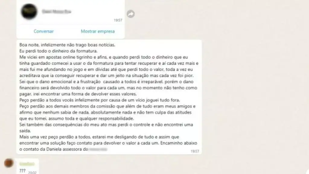 Presidente da comissão confessa ter apostado dinheiro da formatura e perdido tudo 2 Formandos de Direito da UCEFF, em Chapecó, viram seu sonho da formatura desmoronar após a presidente da comissão usar R$ 72 mil em apostas online. Polícia investiga o caso