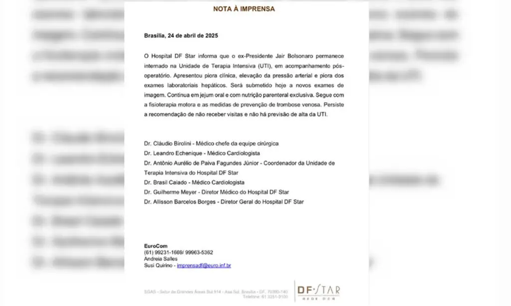 Bolsonaro tem 'piora clínica' e pressão elevada, diz boletim 2 O ex-presidente Bolsonaro passou por cirurgia, no último dia 13, para corrigir complicações no intestino. Ele segue internado na UTI, sem previsão de alta