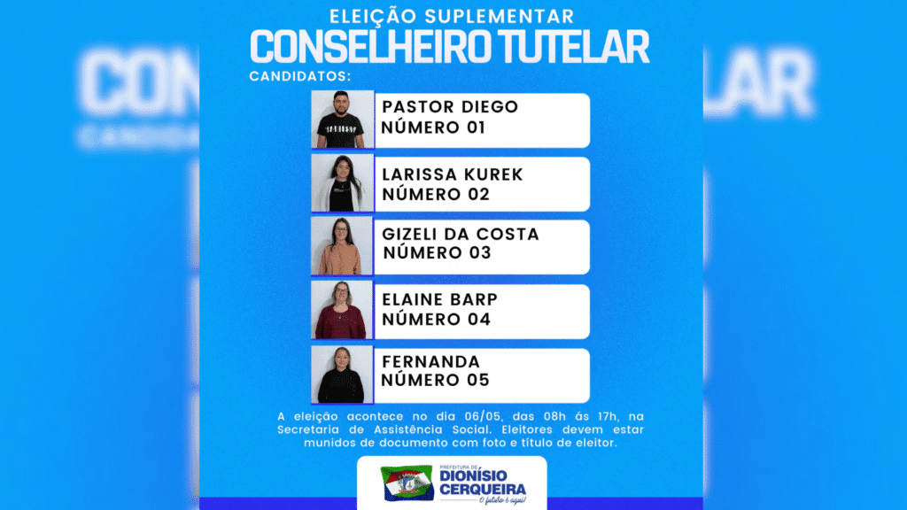 Eleição suplementar para o Conselho Tutelar acontecerá em 6 de maio 2 A eleição suplementar para o Conselho Tutelar em Dionísio Cerqueira é voltada ao preenchimento das vagas de suplentes