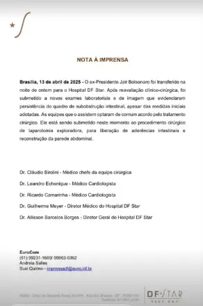 Ex-presidente Bolsonaro está internado no DF Star em Brasília. Ele foi diagnosticado com uma obstrução parcial no intestino. Equipe médica realiza operação para 'liberação de aderências'