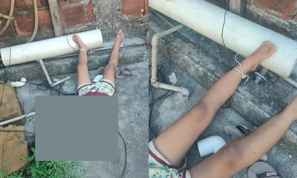 Mãe e padrasto que mantinham criança de 4 anos amarrada são soltos em audiência de custódia 3 A criança estava deitada no chão, presa pelo tornozelo a uma peça de madeira e cercada por entulhos e materiais de construção. Mãe e padrasto foram presos mas liberados em menos de 24h