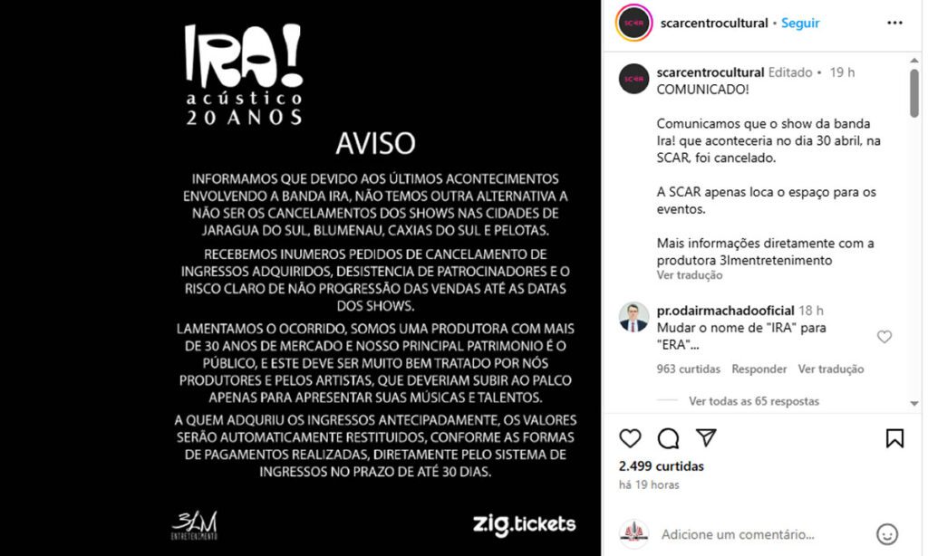 Shows do Ira! são cancelados no Sul do País após polêmica 3 Quatro shows do Ira! foram cancelados depois do cantor Nasi expulsar fãs do show do dia 29 de março