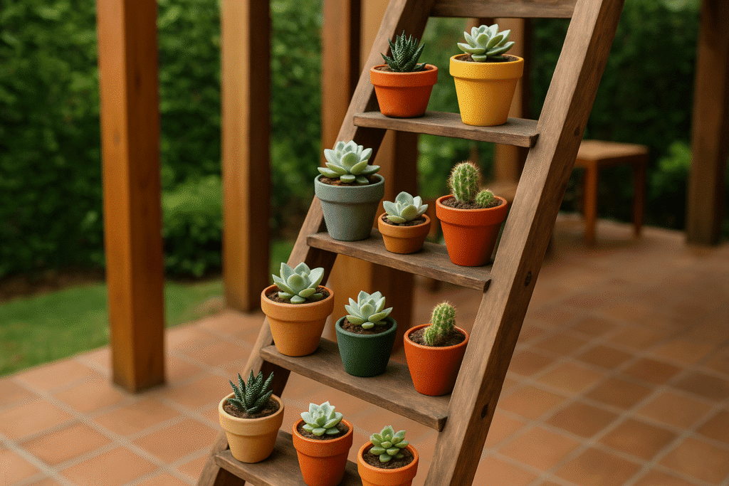 5 ideias criativas de vasos com suculentas para transformar jardins em refúgios de beleza natural 5 Escada de madeira com mini vasos