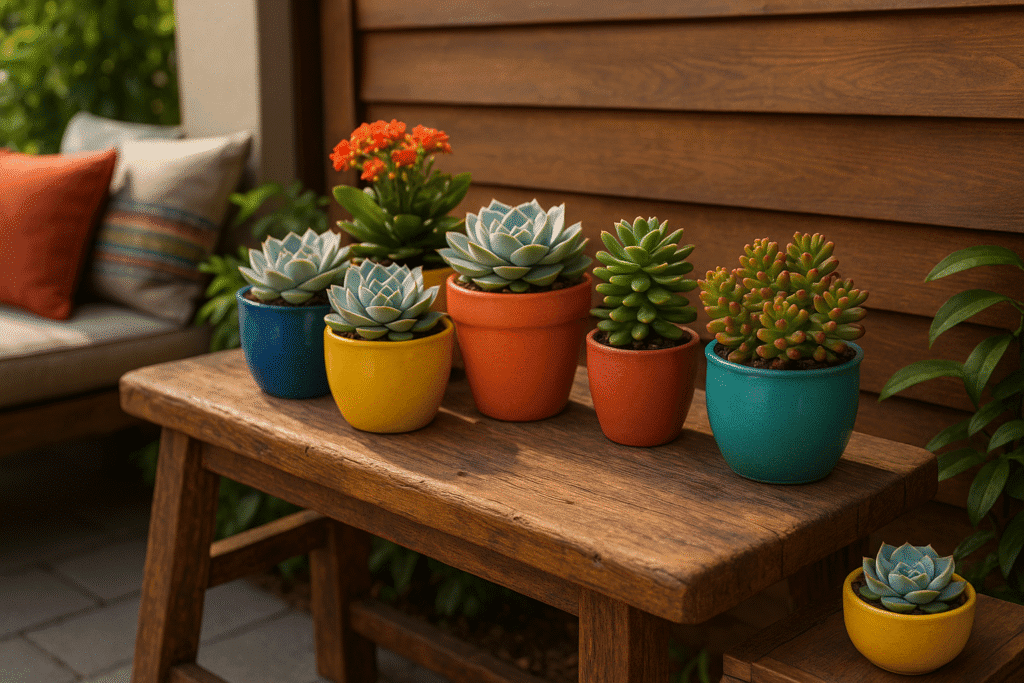 5 ideias criativas de vasos com suculentas para transformar jardins em refúgios de beleza natural 6 Vasos coloridos em bancos ou prateleiras
