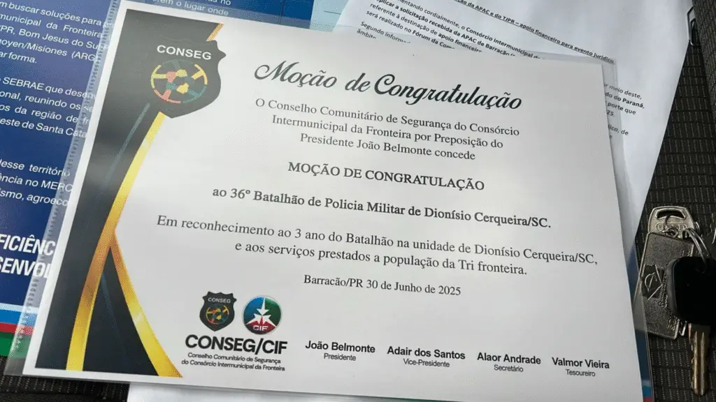 CONSEG entrega moção de congratulações ao 36º BPM de Dionísio Cerqueira 2 A moção de Congratulações foi entregue pela passagem do aniversário do 36º BPM e pelo trabalho prestado pela Polícia Militar em prol da segurança pública