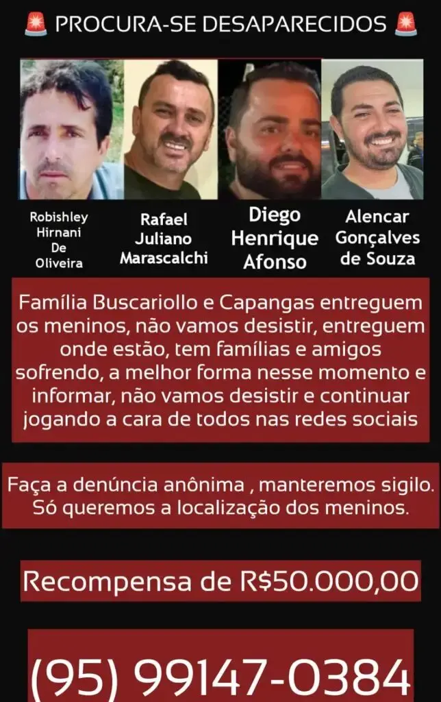Famílias aumentam recompensa para R$ 100 mil por informações sobre desaparecidos em Icaraíma 2 Inicialmente, as famílias lançaram uma recompensa de R$ 50 mil por informações sobre os cobradores e mais R$ 30 mil por dados que levassem aos suspeitos