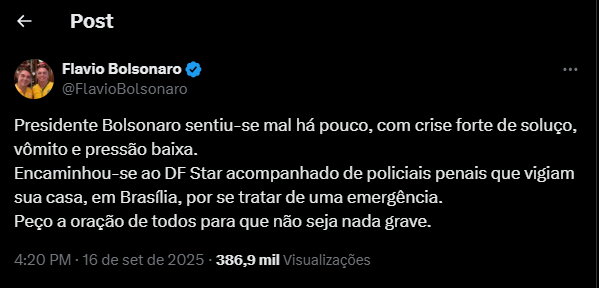 Ex-presidente Jair Bolsonaro teve crise de vômito e pressão baixa, segundo o filho, Flávio Bolsonaro. Ele foi levado para o hospital durante a tarde de terça