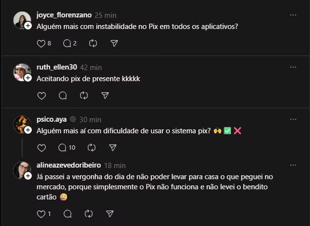 Relatos nas redes sociais mostram que os bancos Bradesco, Itaú, Mercado Pago, Nubank e Santander apresentavam instabilidade no PIX na manhã desta segunda-feira