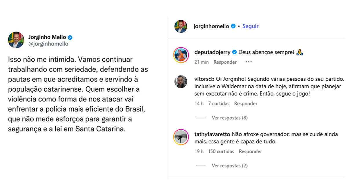 “Isso não me intimida. Vamos continuar trabalhando, defendendo as pautas em que acreditamos e servindo à população catarinense”, disse Jorginho Mello nas redes sociais