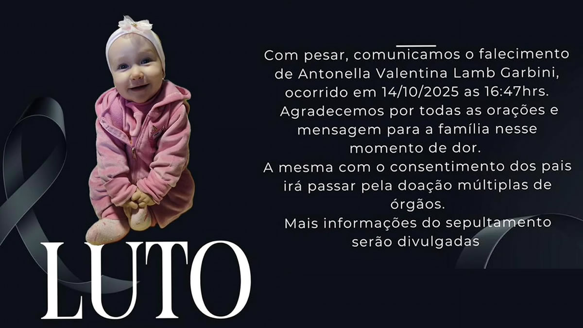 Morre bebê de 10 meses que sofreu parada cardíaca em creche de São Miguel do Oeste 3 A bebê Antonella Valentina, de 10 meses, estava internada em Chapecó desde sexta-feira; família decidiu doar os órgãos da criança