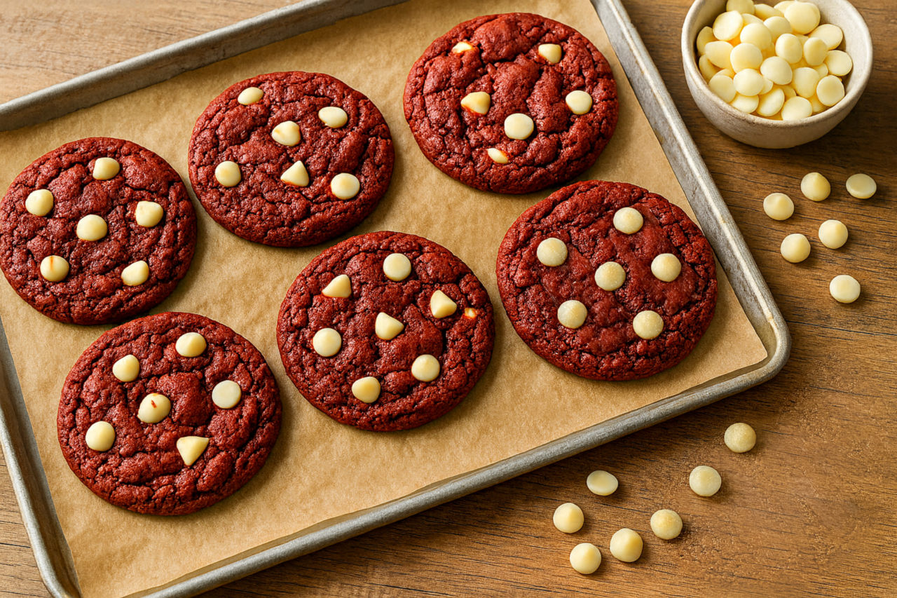 Cookie red velvet macio com gotas de chocolate branco 3 Cookie red velvet macio com gotas de chocolate branco