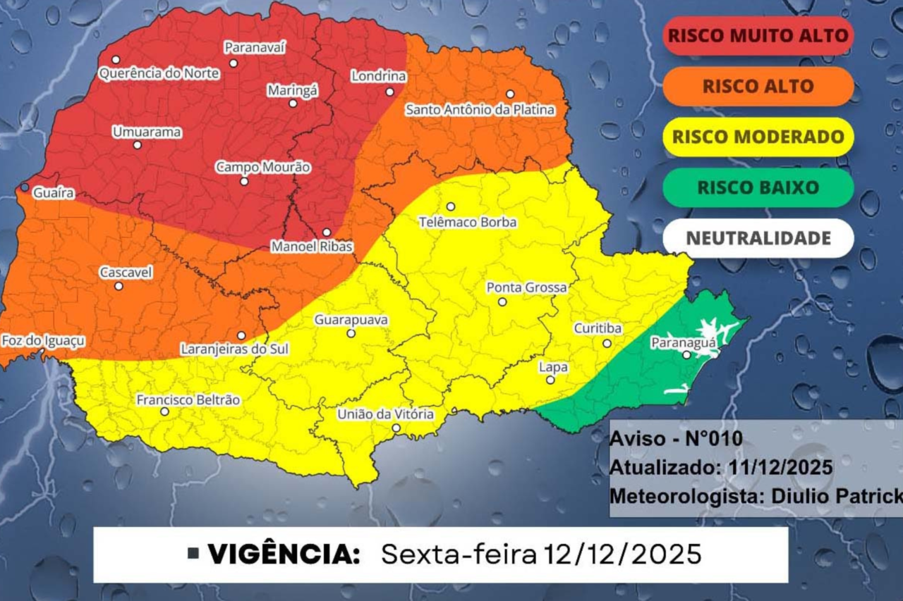 Alerta de chuva intensa e tempestades severas no Paraná 3 Sistema de baixa pressão aumenta risco de temporais, ventos fortes e altos acumulados de chuva no estado