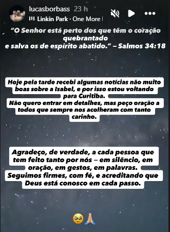 Marido pede orações por Isabel Veloso que continua internada na UTI 3 O marido da influenciadora Isabel Veloso, Lucas Borbas disse que não irá entrar em detalhes sobre a saúde dela