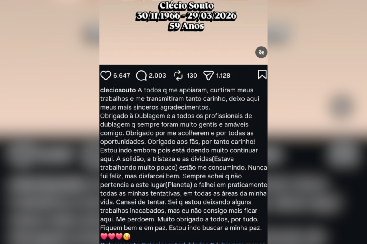 Ator Clécio Souto é socorrido após publicação nas redes sociais e segue em observação 3 Ator Clécio Souto é socorrido após publicação nas redes sociais e segue em observação