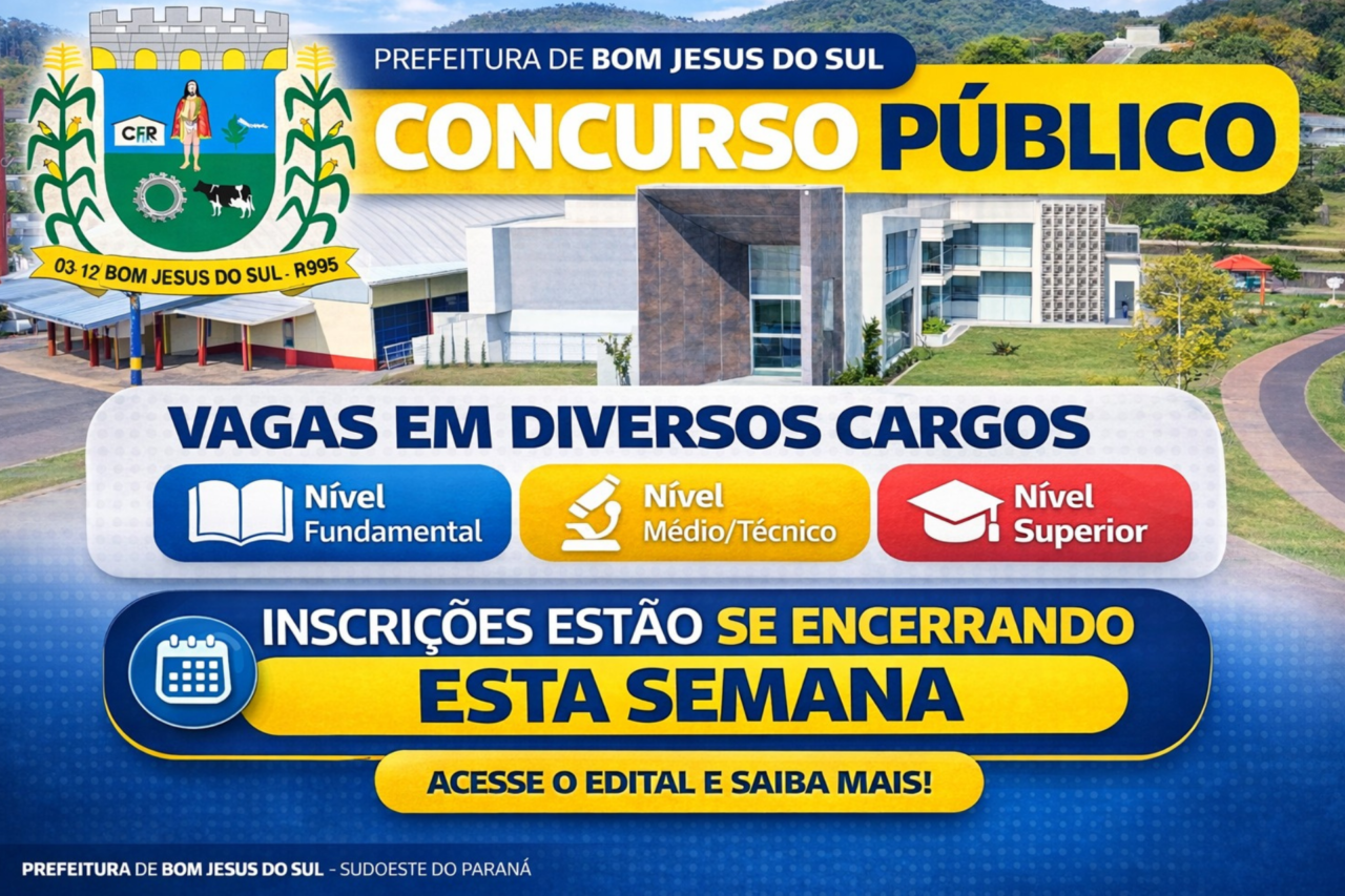 Inscrições para o concurso público em Bom Jesus do Sul terminam dia 12 10 As inscrições devem ser feitas exclusivamente pela internet. As vagas disponíveis têm salários que podem chegar a R$ 16,8 mil
