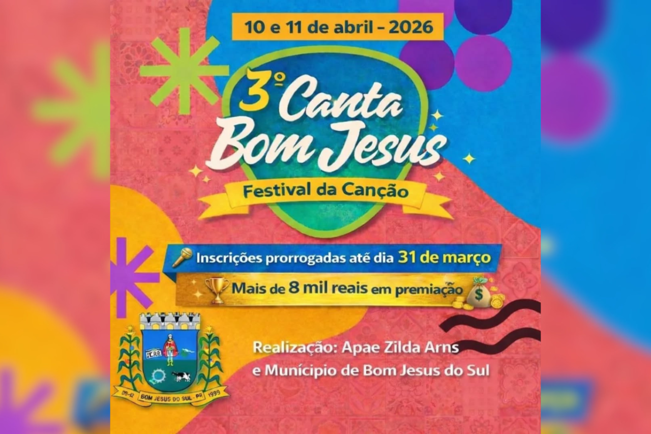 Abertas as inscrições para o Festival Canta Bom Jesus que acontecerá em abril 3 O evento promovido pela APAE Zilda Arns ocorre nos dias 10 e 11 de abril; as inscrições são gratuitas e seguem até o dia 31 de março