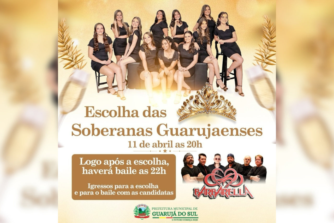 Escolha das Soberanas de Guarujá do Sul acontecerá no dia 11 de abril 3 Com ensaios intensivos, provas de gala e preparação dos discursos, 11 candidatas, acima de 16 anos, disputam o título de soberanas