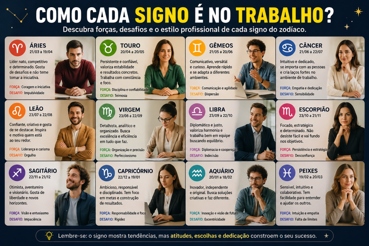 Como cada signo se comporta no trabalho: descubra forças e desafios profissionais de cada um 3 signos