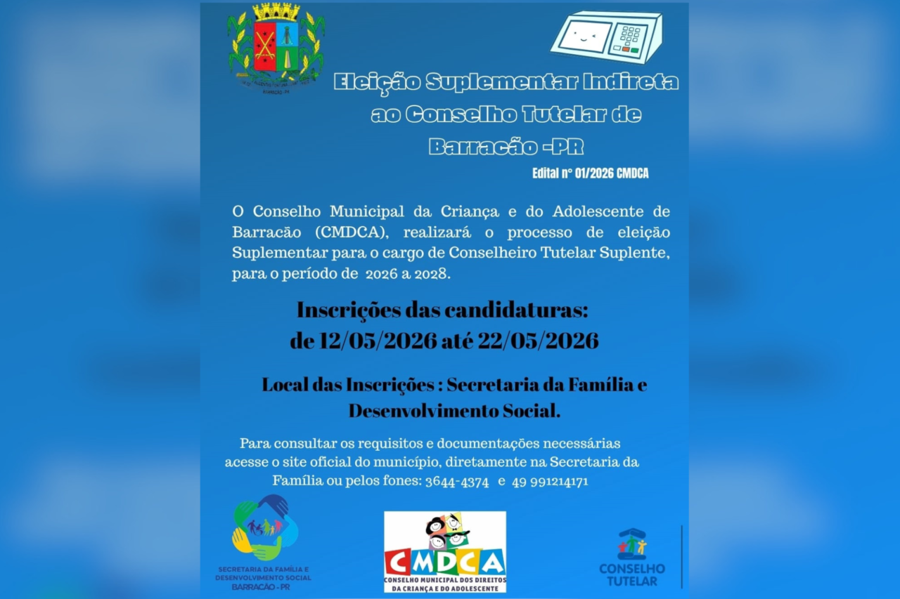 Processo busca forma&ccedil;&atilde;o de suplentes para atua&ccedil;&atilde;o no Conselho Tutelar; inscri&ccedil;&otilde;es seguem at&eacute; 22 de maio na Secretaria da Fam&iacute;lia
