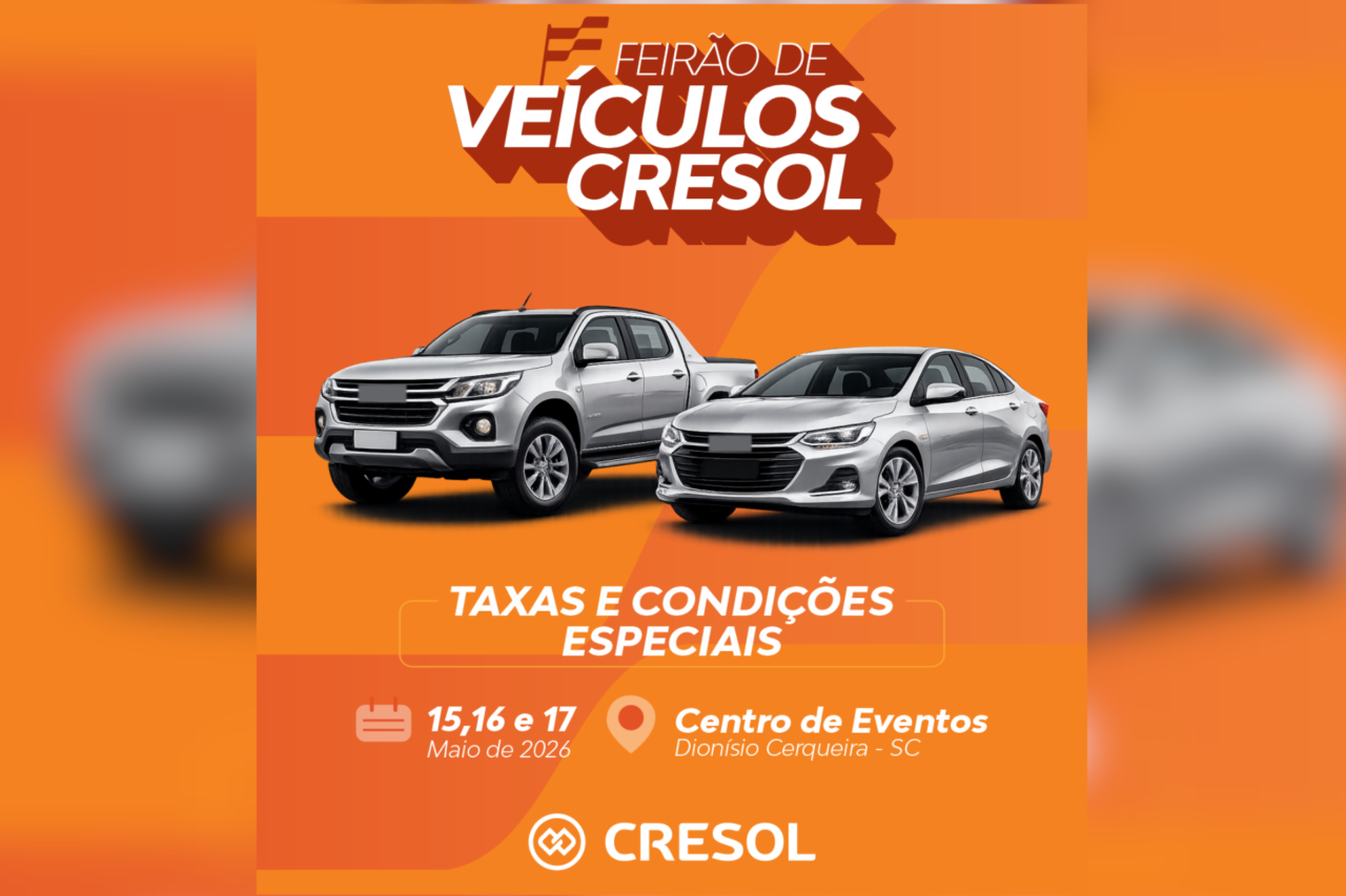 O Feirão de Veículos Cresol acontece nos dias 15, 16 e 17 de maio no Centro de Eventos de Dionísio Cerqueira