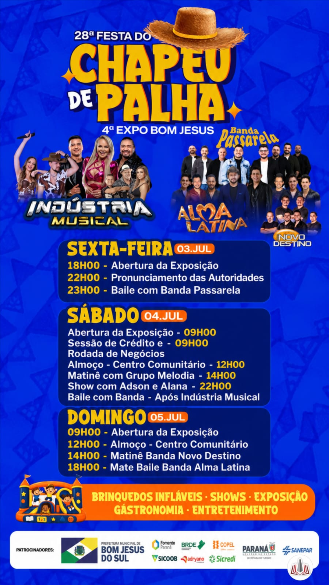 Festa do Chapéu de Palha e Expo Bom Jesus terão mais de 100 expositores 3 Eventos serão realizados de 3 a 5 de julho em Bom Jesus do Sul e também contarão com rodada de negócios para empresários