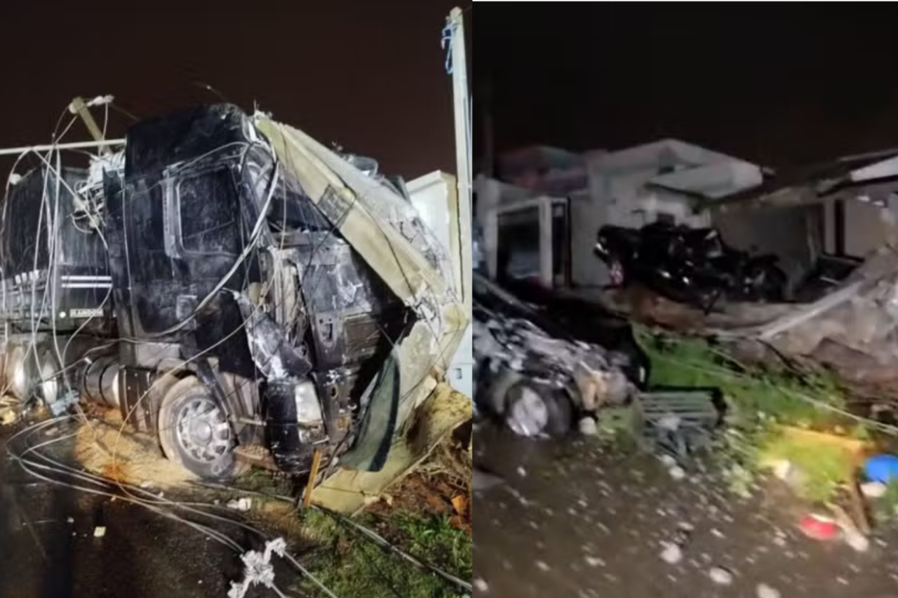 Carreta desgovernada atinge postes, casas e veículos em Arapongas 1 Carreta desgovernada atinge postes, casas e veículos em Arapongas