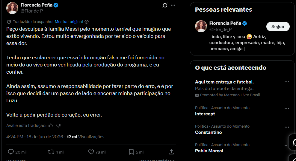 Jornalista anuncia falsa morte do pai de Messi ao vivo e acaba demitida com toda equipe 3 Caso gerou repercussão logo após a família desmentir a informação passada pela jornalista e confirmar que o pai de Messi está em recuperação