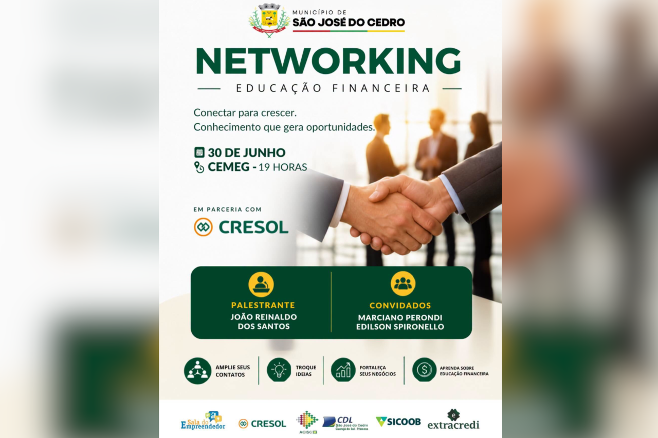 São José do Cedro promove encontro gratuito sobre educação financeira e networking 3 Evento gratuito sobre educação financeira será realizado em 30 de junho, no auditório do CEMEG, com palestras e atividades voltadas a empreendedores