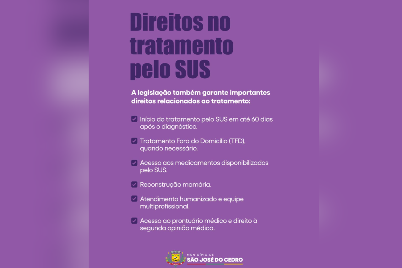 Lei municipal de São José do Cedro determina divulgação dos direitos de pessoas com câncer 5 Norma prevê a divulgação dos direitos de pessoas com neoplasia maligna e orienta pacientes e familiares sobre benefícios e serviços disponíveis