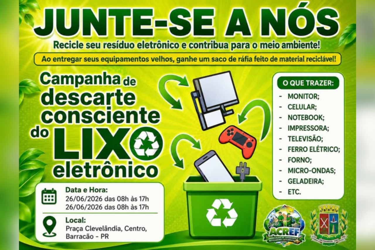 Barracão realiza campanha para coleta de lixo eletrônico nesta sexta-feira 3 Prefeitura de Barracão promove campanha de descarte de lixo eletrônico nesta sexta-feira, dia 26, na Praça Clevelândia, com atendimento das 8h às 17h