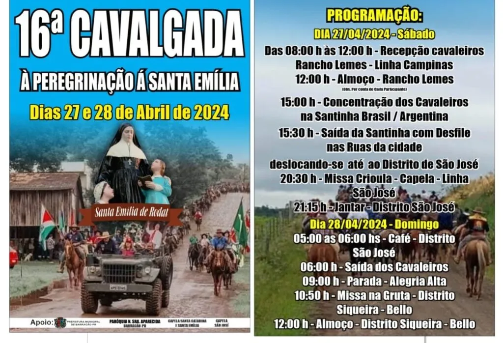 A 16ª Cavalgada e Peregrinação à Santa Emília, que acontecerá nos dias 27 e 28 de abril, promete reunir cavaleiros e devotos em uma jornada de cultura e fé.