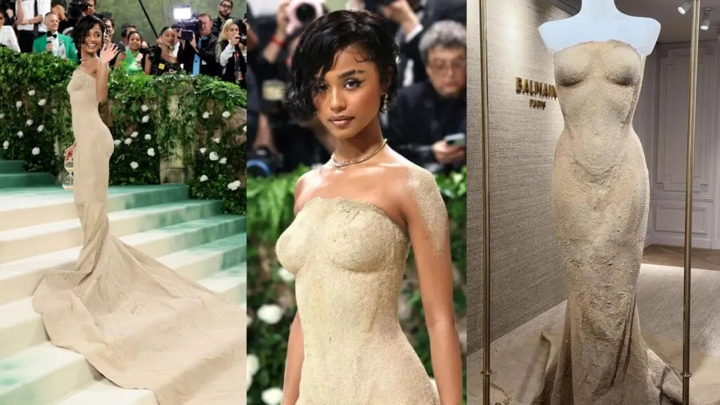 Tyla vestindo o vestido de areia no Met Gala