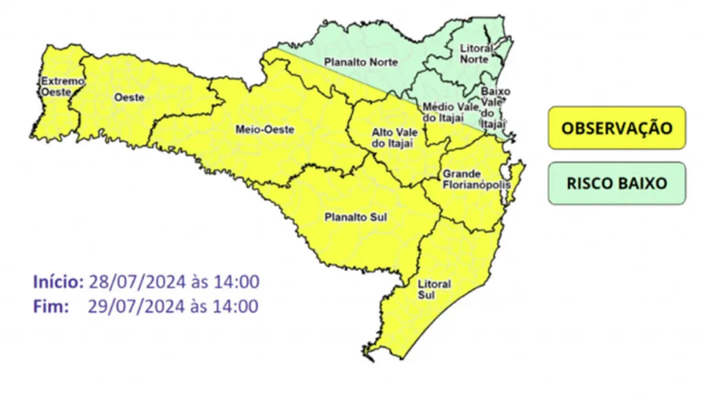 Defesa Civil alerta para riscos de temporais entre domingo e segunda-feira