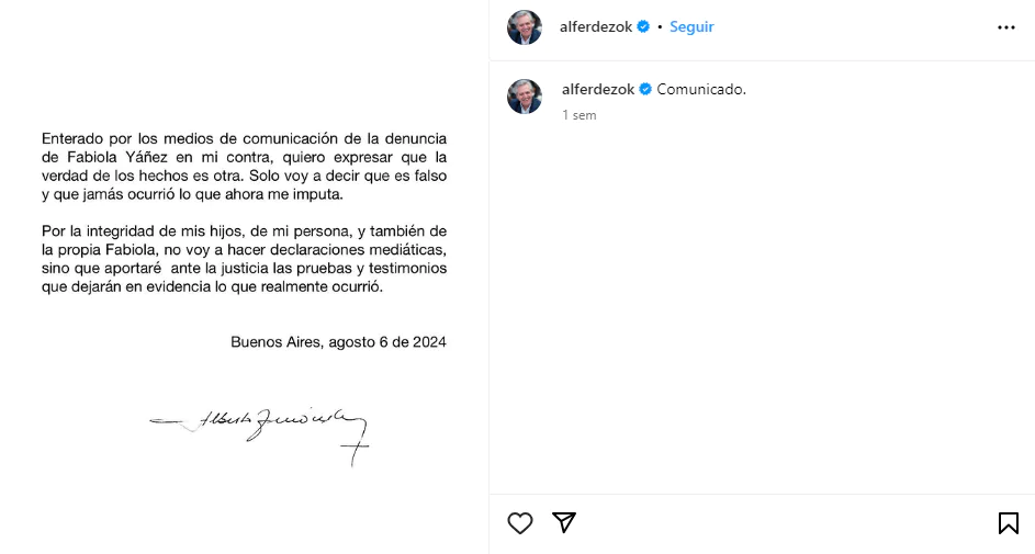 O ex-presidente Alberto Fernández foi acusado pela ex-mulher Fabiola Yañez. Nas redes sociais ele negou os fatos