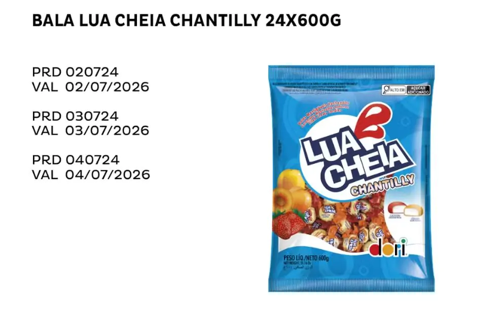 A empresa Dori Alimentos anunciou o recolhimento voluntário de 30 lotes das balas, fabricados de 21 de junho a 10 de julho de 2024