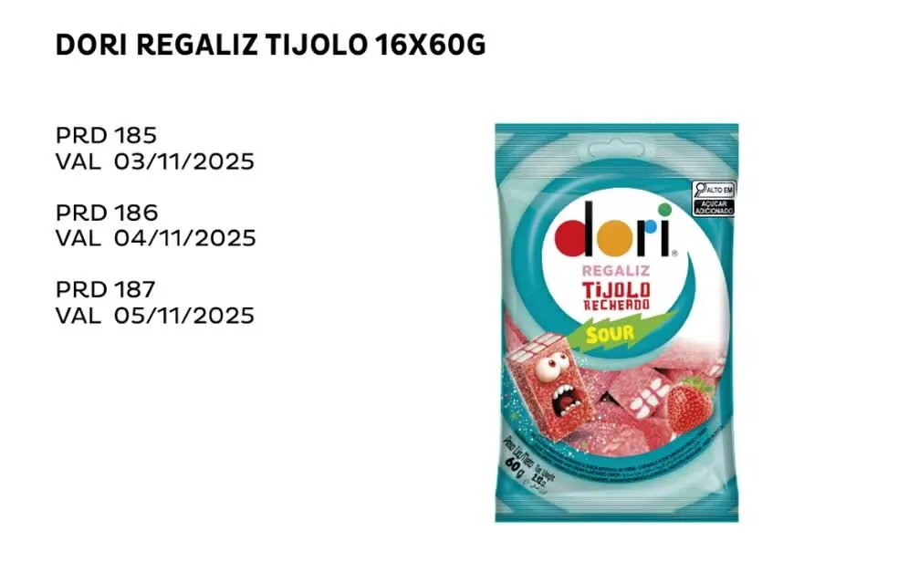 A empresa Dori Alimentos anunciou o recolhimento voluntário de 30 lotes das balas, fabricados de 21 de junho a 10 de julho de 2024