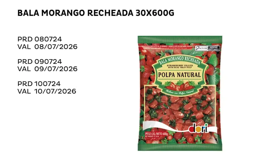 A empresa Dori Alimentos anunciou o recolhimento voluntário de 30 lotes das balas, fabricados de 21 de junho a 10 de julho de 2024