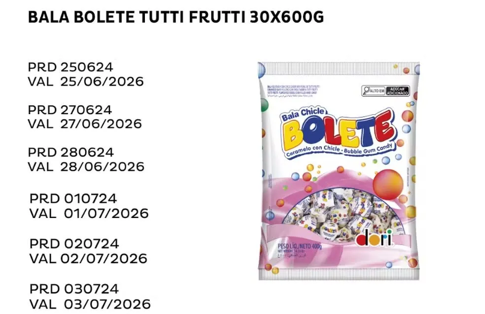 A empresa Dori Alimentos anunciou o recolhimento voluntário de 30 lotes das balas, fabricados de 21 de junho a 10 de julho de 2024