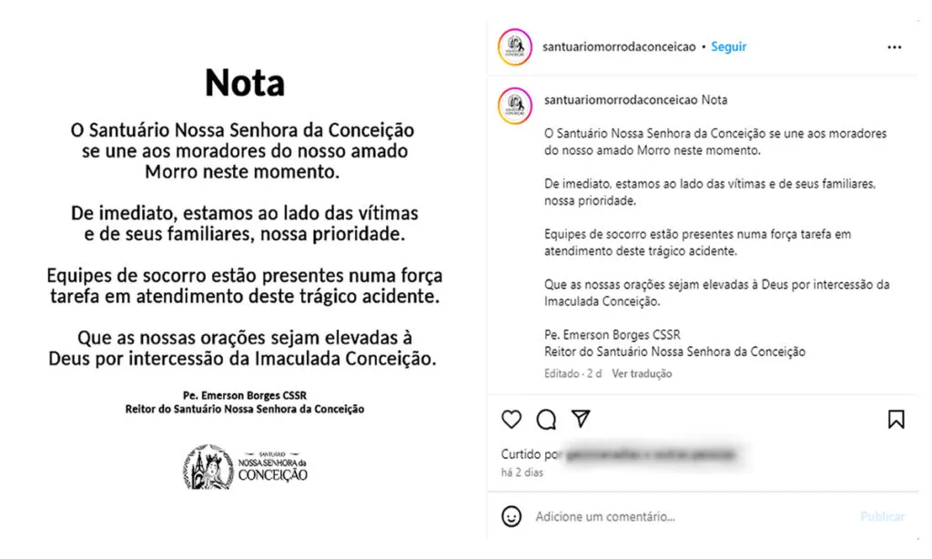 Ao menos 25 pessoas ficaram feridas no desabamento do teto do Santuário de Nossa Senhora da Conceição, na Zona Norte da cidade