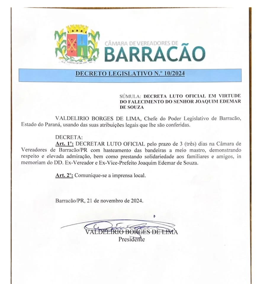 Joaquim Edemar de Souza foi vereador e vice-prefeito do município. Presidente do Legislativo assinou o decreto de três dias de luto