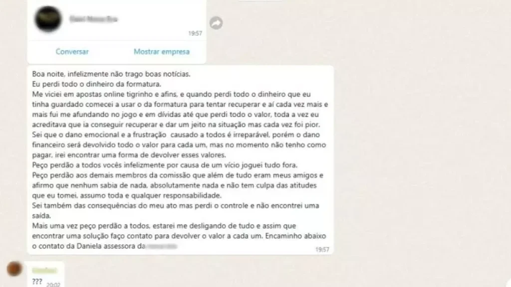 Formandos de Direito da UCEFF, em Chapecó, viram seu sonho da formatura desmoronar após a presidente da comissão usar R$ 72 mil em apostas online. Polícia investiga o caso